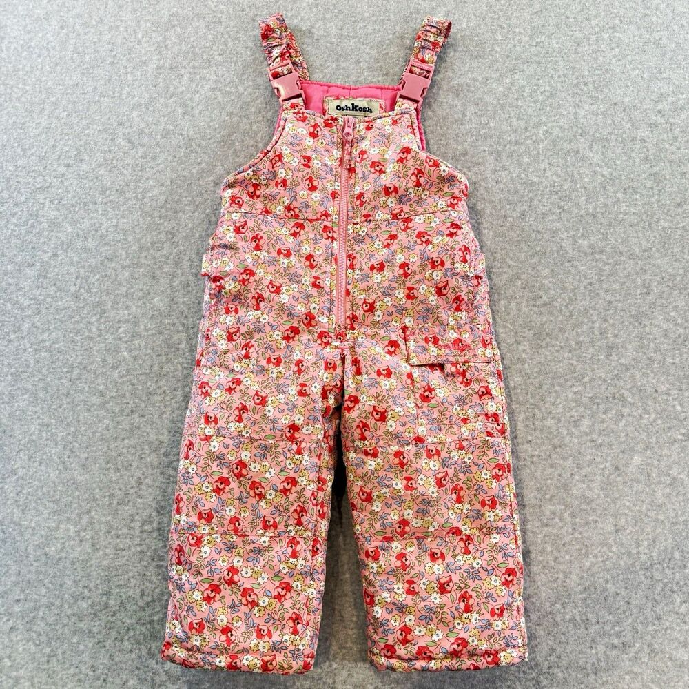 OshKosh B'gosh Toddler Girls Floral Snow Bib Overalls Pink Calico Ski Pants 2T